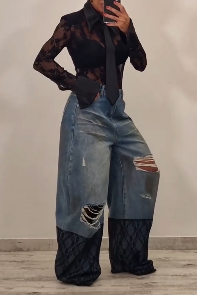 Women's Fashion Satin Patchwork Lace Bodysuit or Wide Leg Jeans