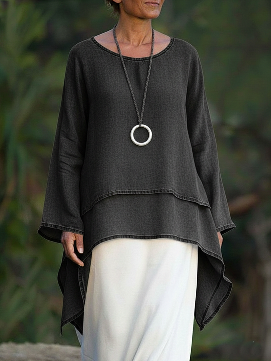 Romantic Double-layered Hem Denim Shirt Top