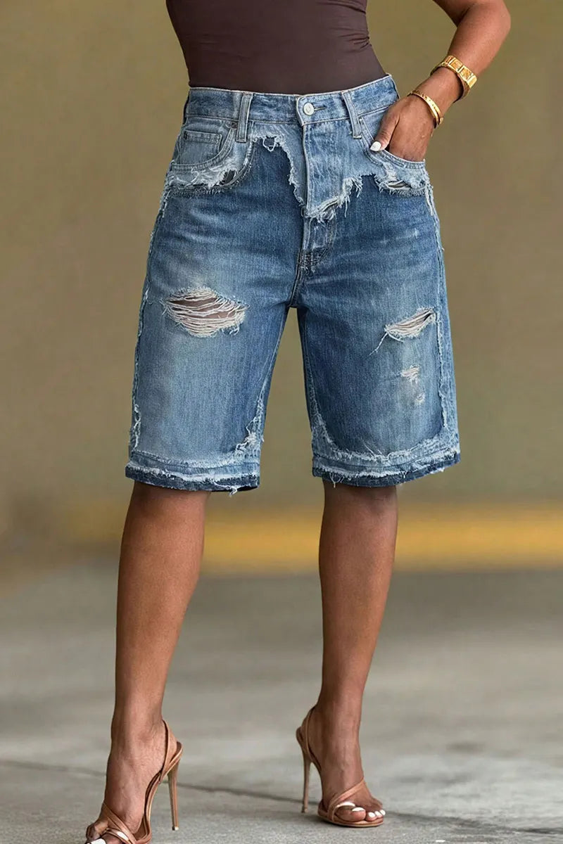 Women's Streetwear Uneven Fringe Waist Torn Hole Baggy Denim Mid Shorts
