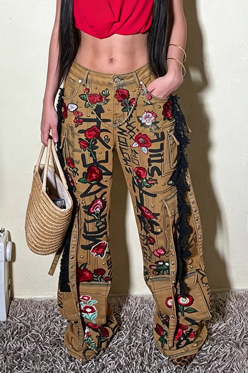 Women's Fashion Embroidered Letter Print Cargo Jeans
