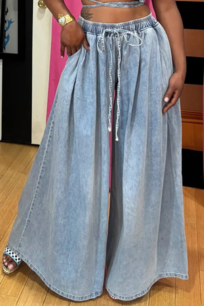 Ladies' Hot Selling Elegant Casual Washed Wide Leg Pants