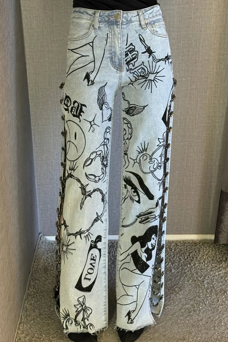 Women's Fashion Side Chain Decoration Pattern Print Wide Leg Jeans