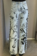 Women's Fashion Side Chain Decoration Pattern Print Wide Leg Jeans