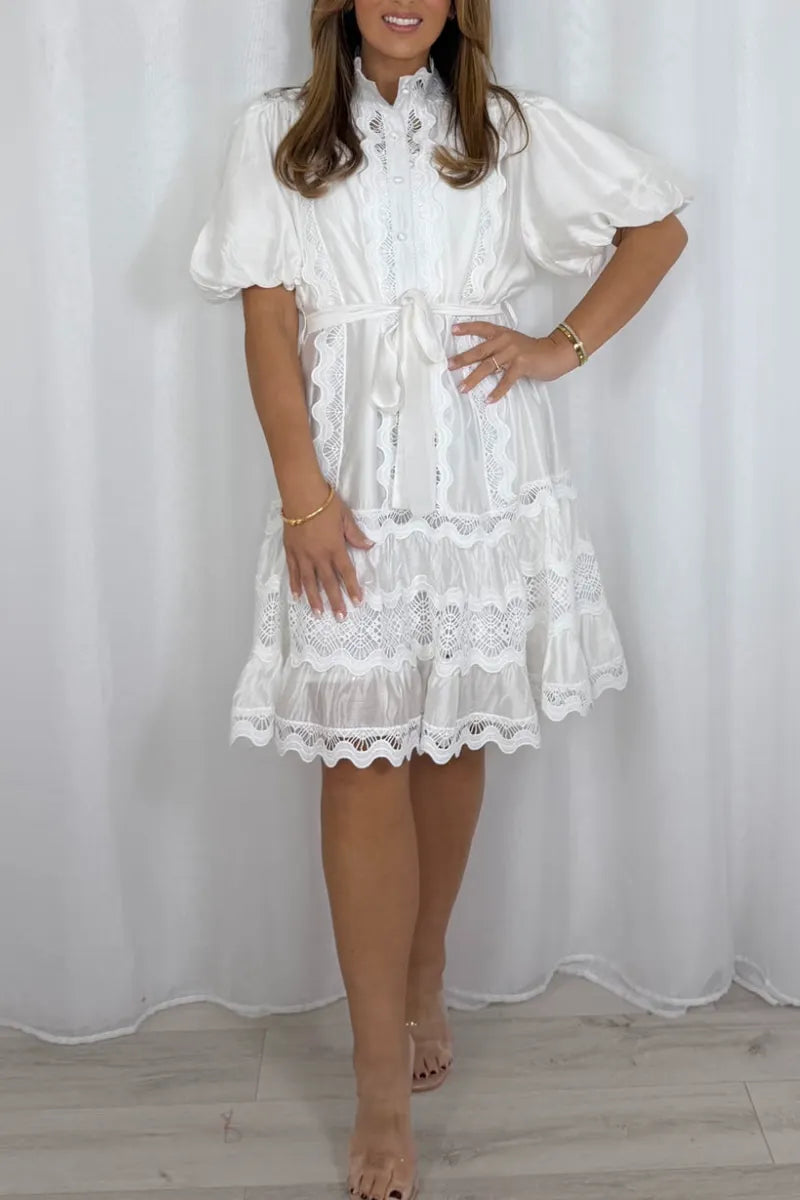 Women Round Neck Lace Patterned Puff Sleeve Elegant Temperament Midi Dresses