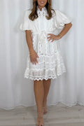 Women Round Neck Lace Patterned Puff Sleeve Elegant Temperament Midi Dresses