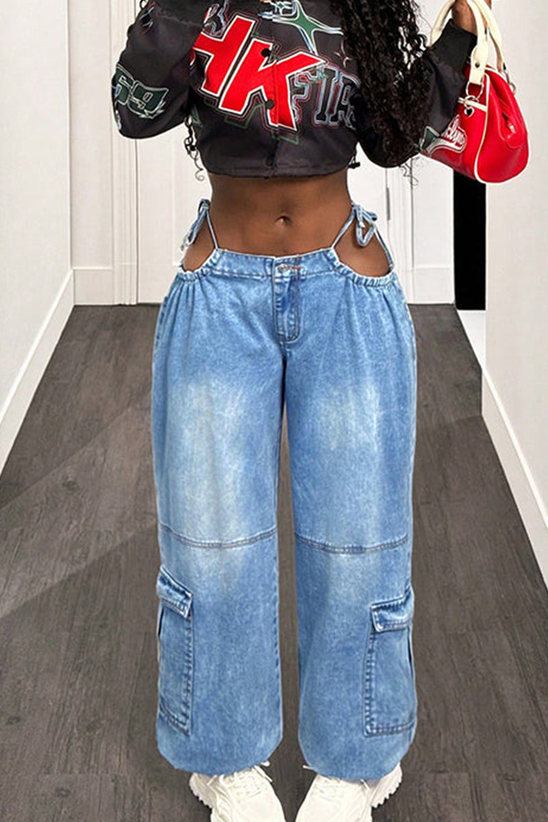 Women's Casual Lace Up Wide Leg Jeans