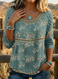 Vintage Floral Art Print Casual 3/4 Sleeves Hollow Denim Shirt