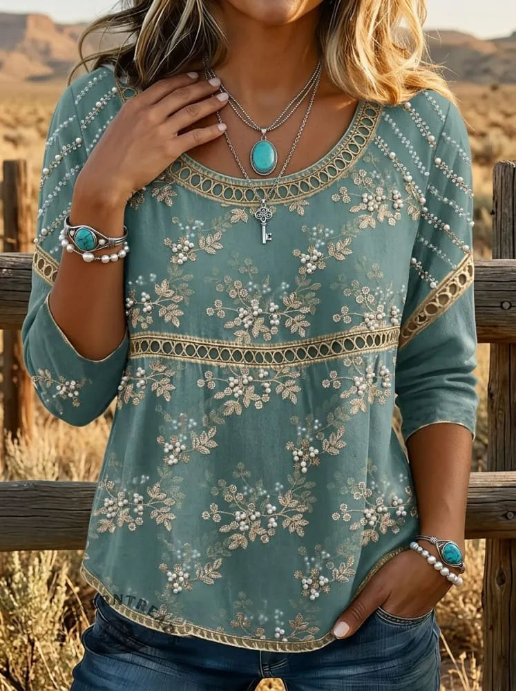 Vintage Floral Art Print Casual 3/4 Sleeves Hollow Denim Shirt