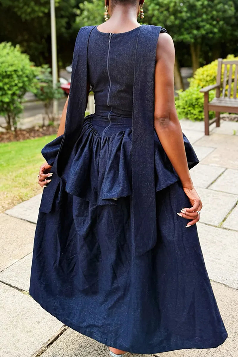 Women's Casual Double Layer Flounce Hem Denim Dress