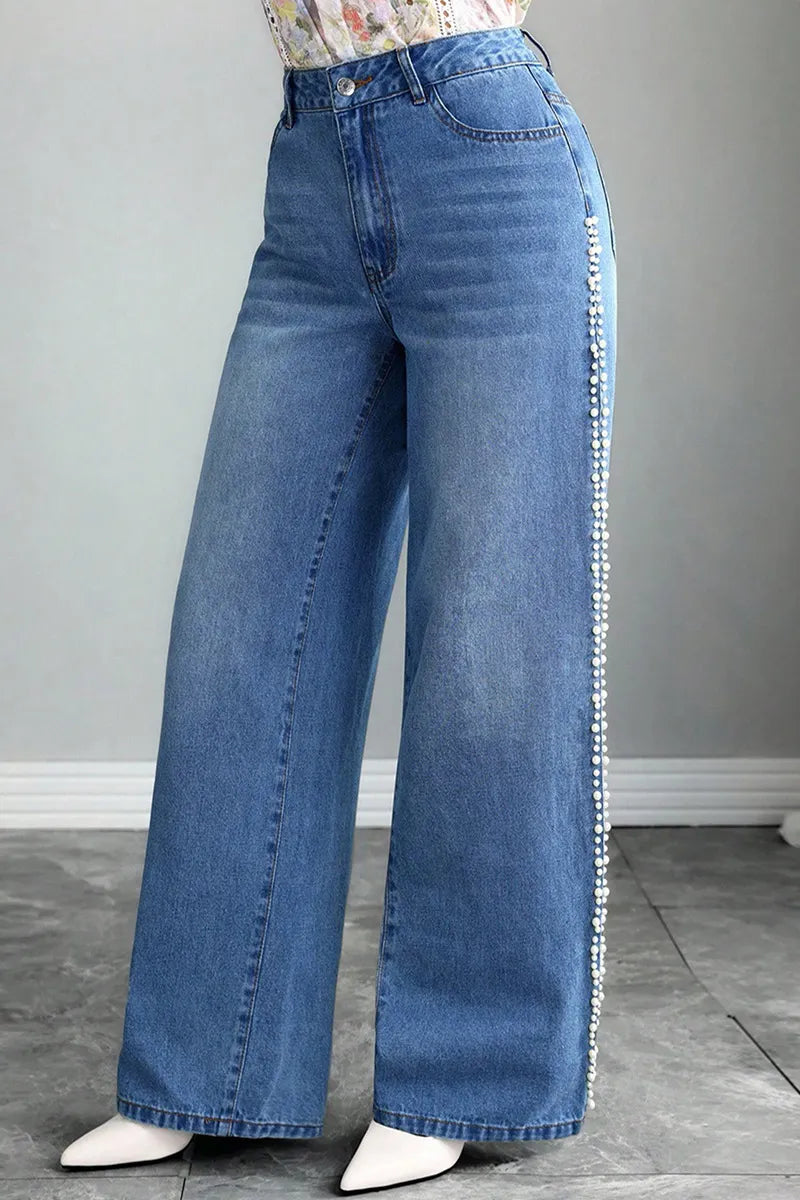 Ladie's Pearl-Embellished Lace Trim Jeans