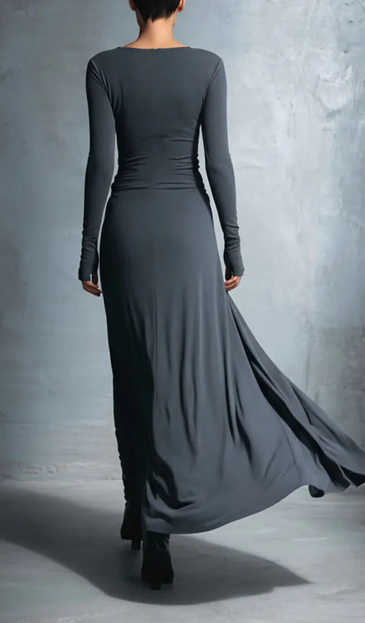 Women Round Neck Solid Color Elegant Temperament Dress