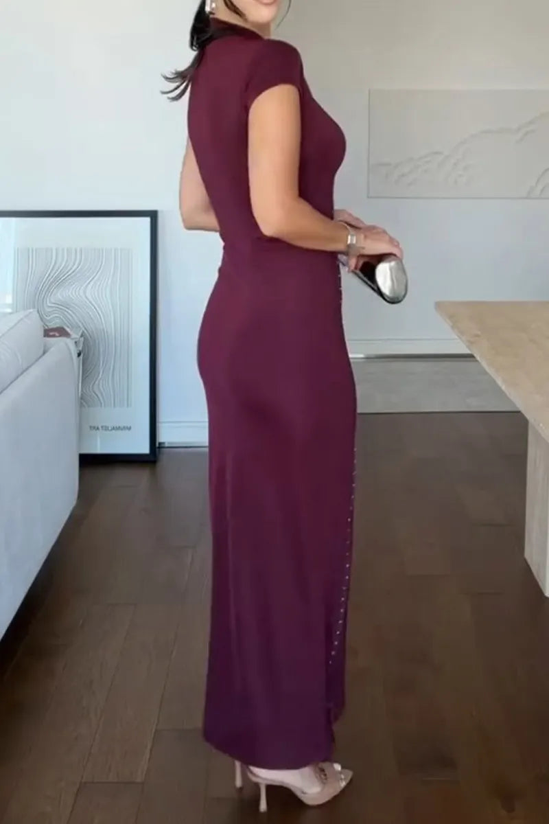 Women's Fashion Button Design Stand Collar Slit Hem Maxi Dress