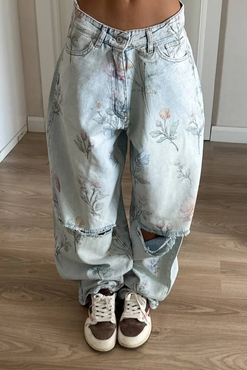 Women Printed Ripped Casual Denim Wide Leg Pants