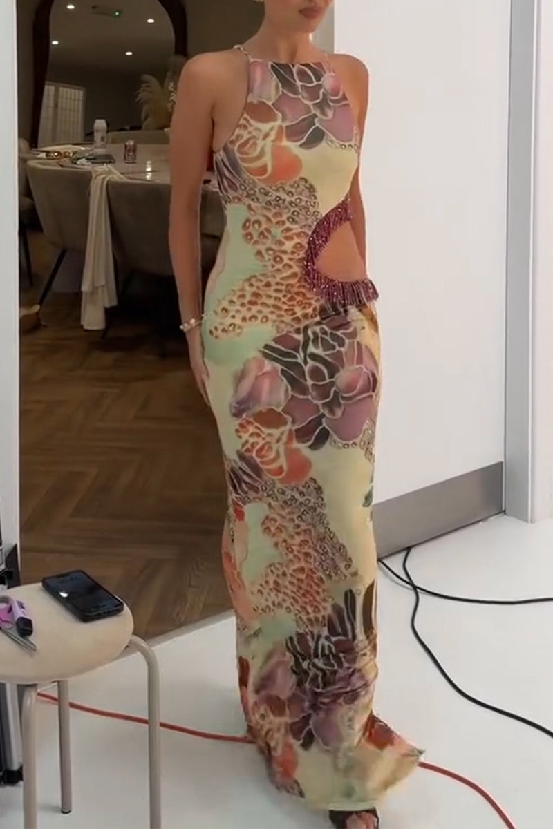 Women's Elegant Printed Waist Hollow Tassel Maxi Dresses