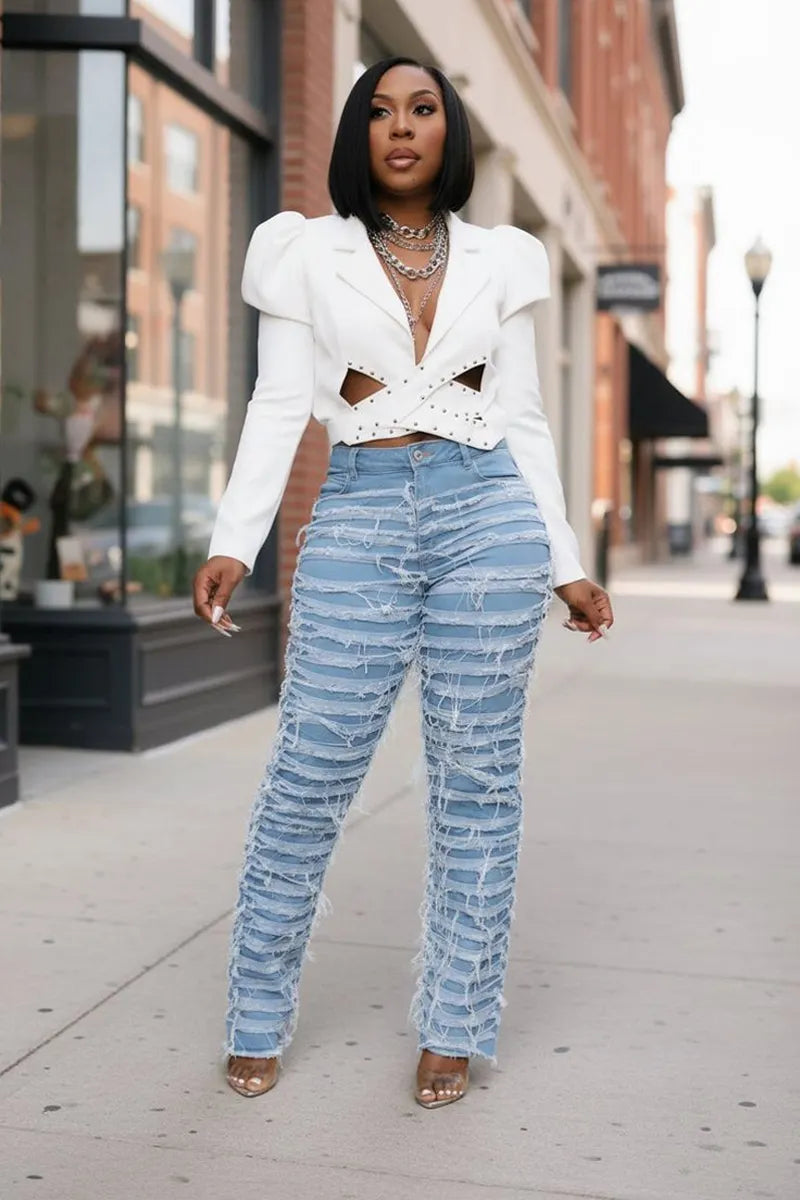 Ladies' Casual Distressed High Waisted Jeans