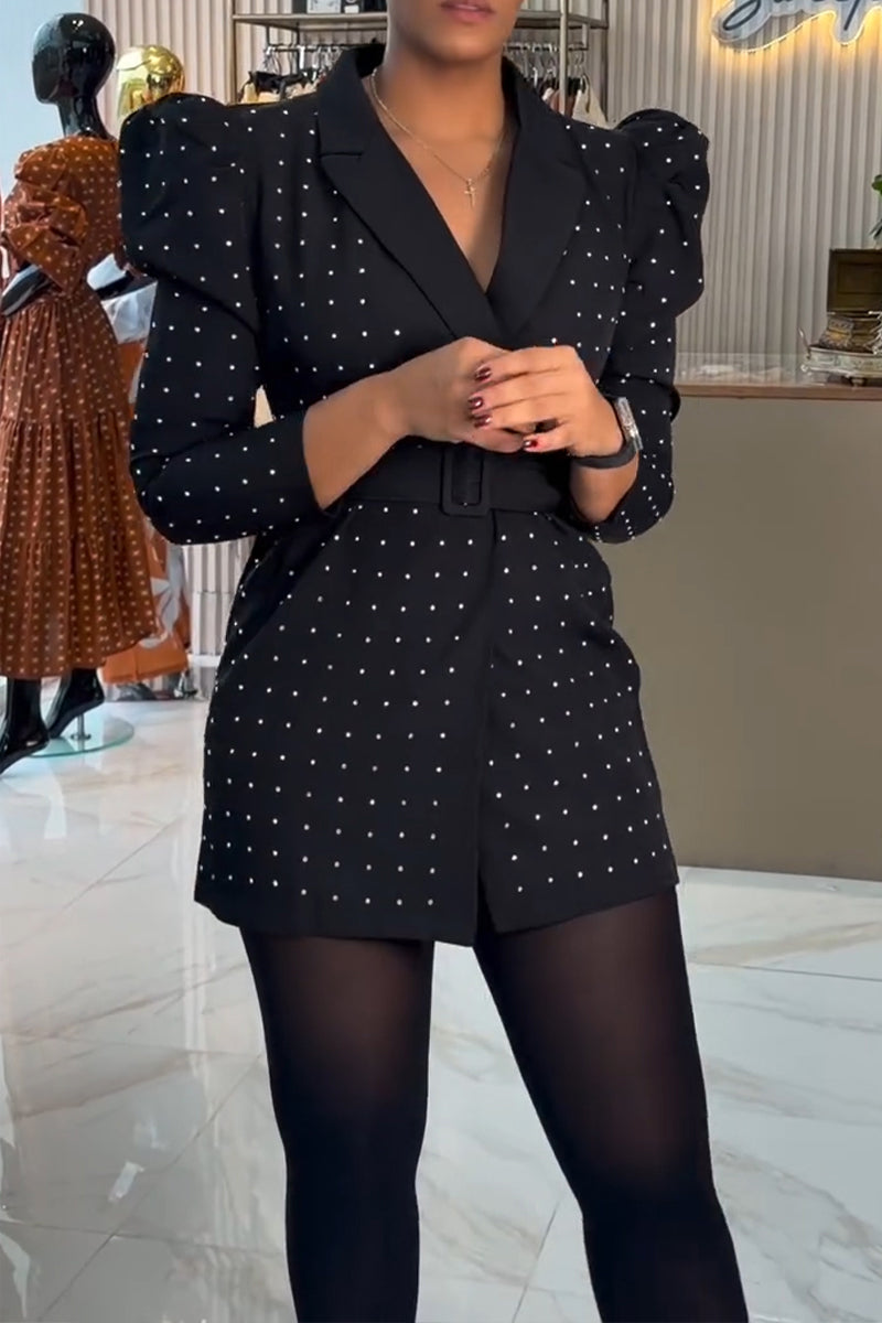 Women's Elegant Rhinestone Lapel Leg of Mutton Sleeve Blazer Mini Dress with Belt