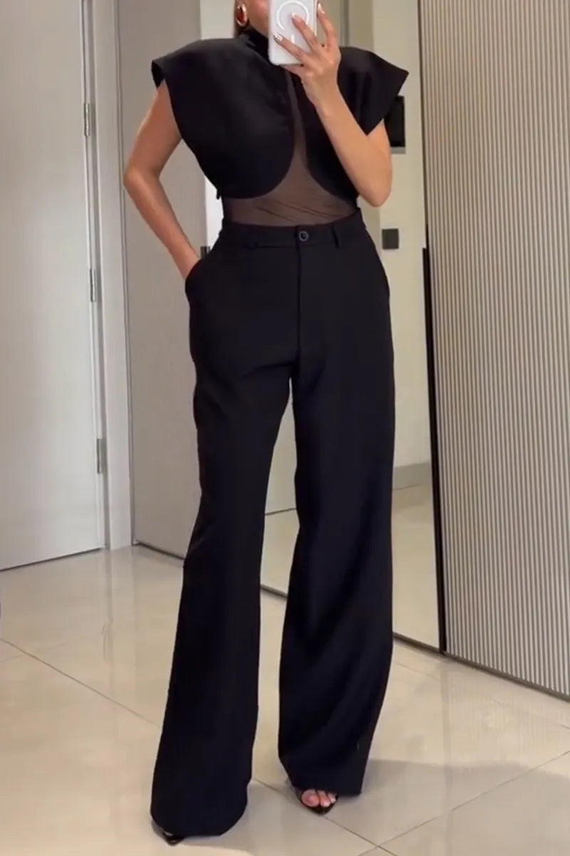 Women's Fashion Mesh Patchwork Wide Shoulder Vest Pants Two-Piece Set