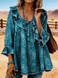 Women's Vintage Floral Print Denim Ruffle Top