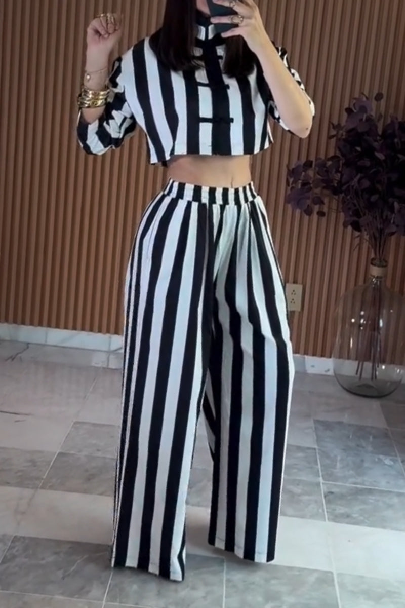 Women's Round Neck Black and White Vertical Stripe New Chinese Style Two-piece Set