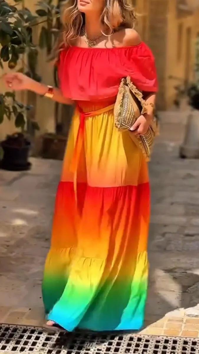 Women One Piece Collar Splicing Vacation Leisure Style Colorful Maxi Dresses