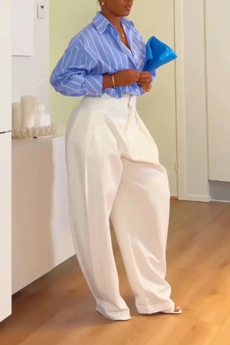 Women's Collar Vertical Striped Shirt or Solid Color Pants
