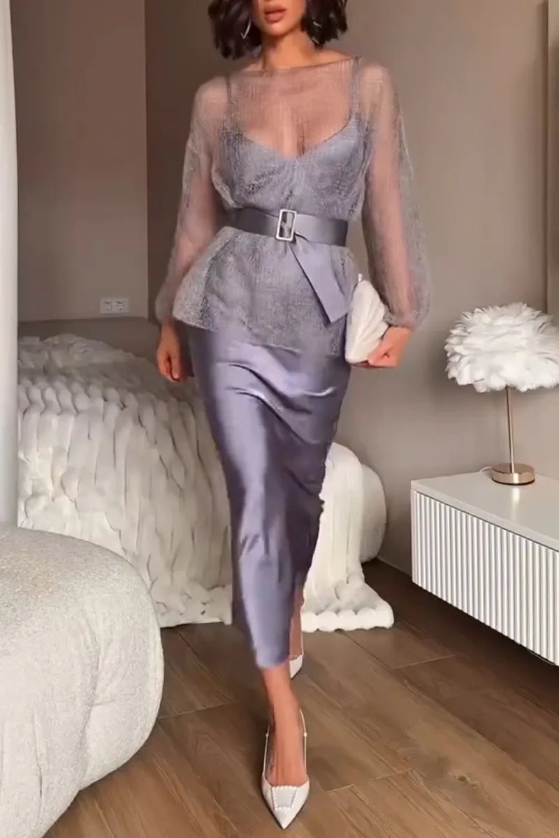 Women's Spaghetti Strap Satin Dress+ Sheer Top Elegant Temperament Set