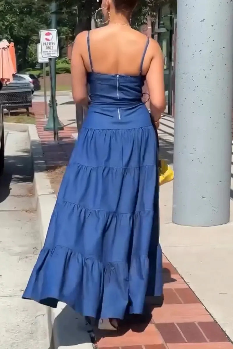 Women's Fashion Tiered Flounce-Hem Denim Dress with Belt