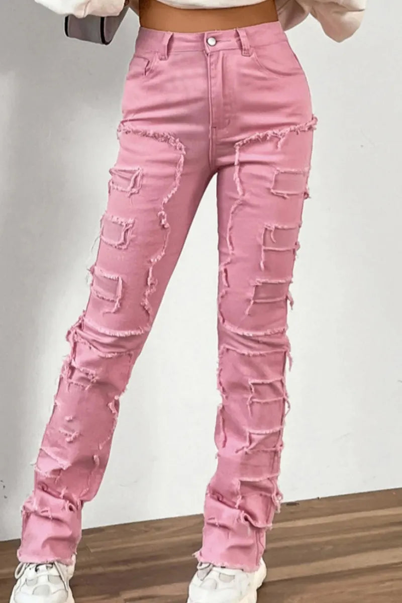 Women's Street Style Distressed Raw Hem Layered Patchwork Jeans