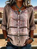 Women's Retro Carpet Pattern Casual Hollow-out Denim Shirt