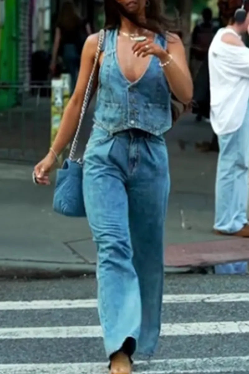 Women's Sleeveless Vest With Pockets Denim Top Or Wide Leg Jeans