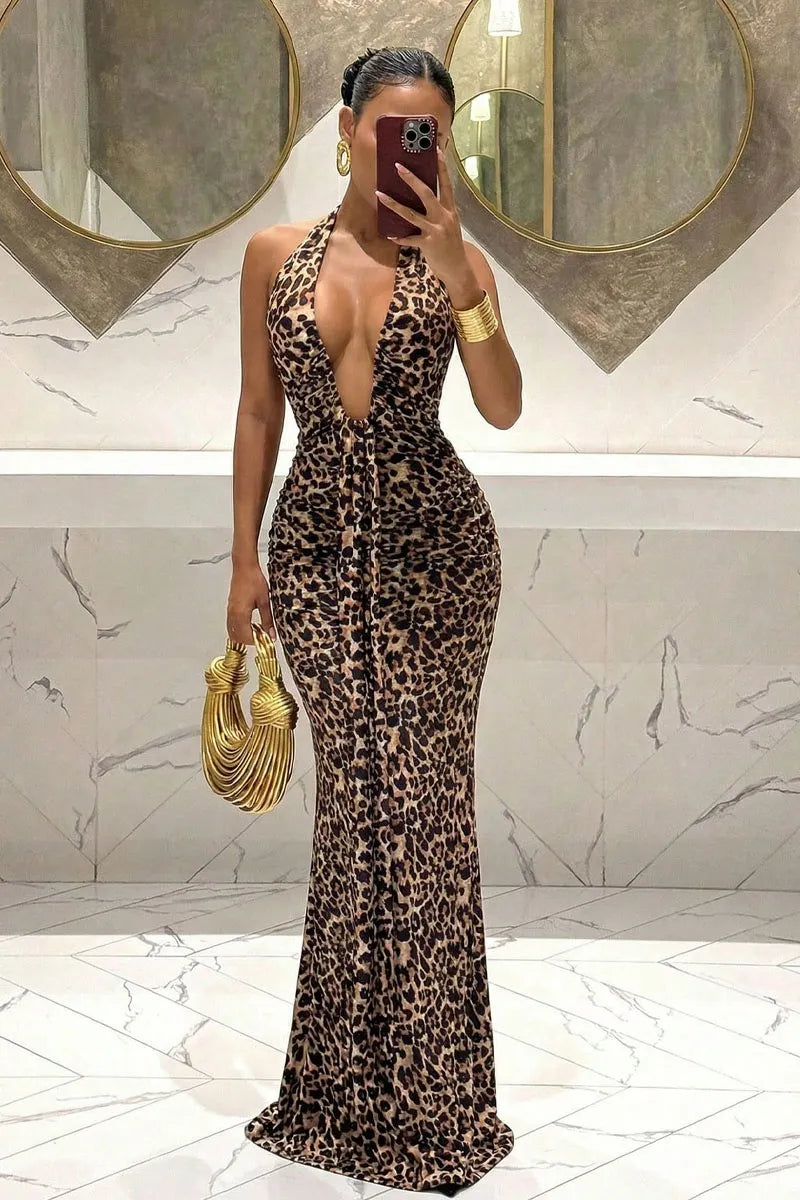 Leopard Print Halter Neck Maxi Dress with Deep Plunging V-Neck
