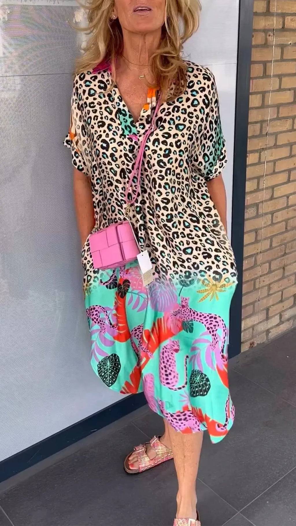 Ladies' Lapel Print Slit Loose Casual Dress