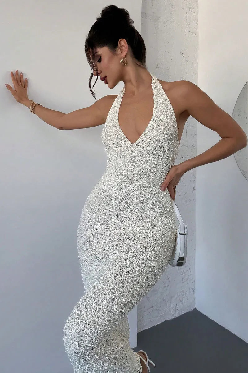 Women French Elegant Halter Neck Bodycon Maxi Dress