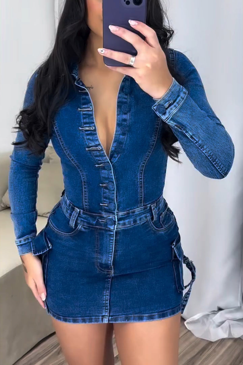 Women's Casual Button Cargo Pocket Denim Mini Dress