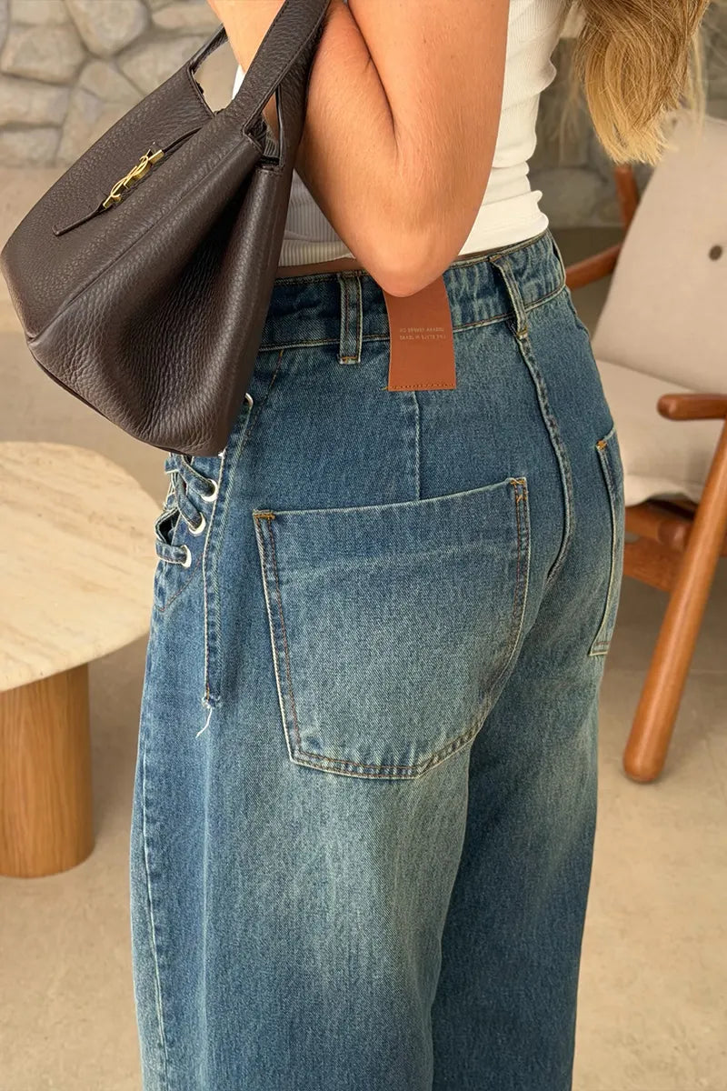 Women's Casual Waist Cutout Tie Trim Jeans