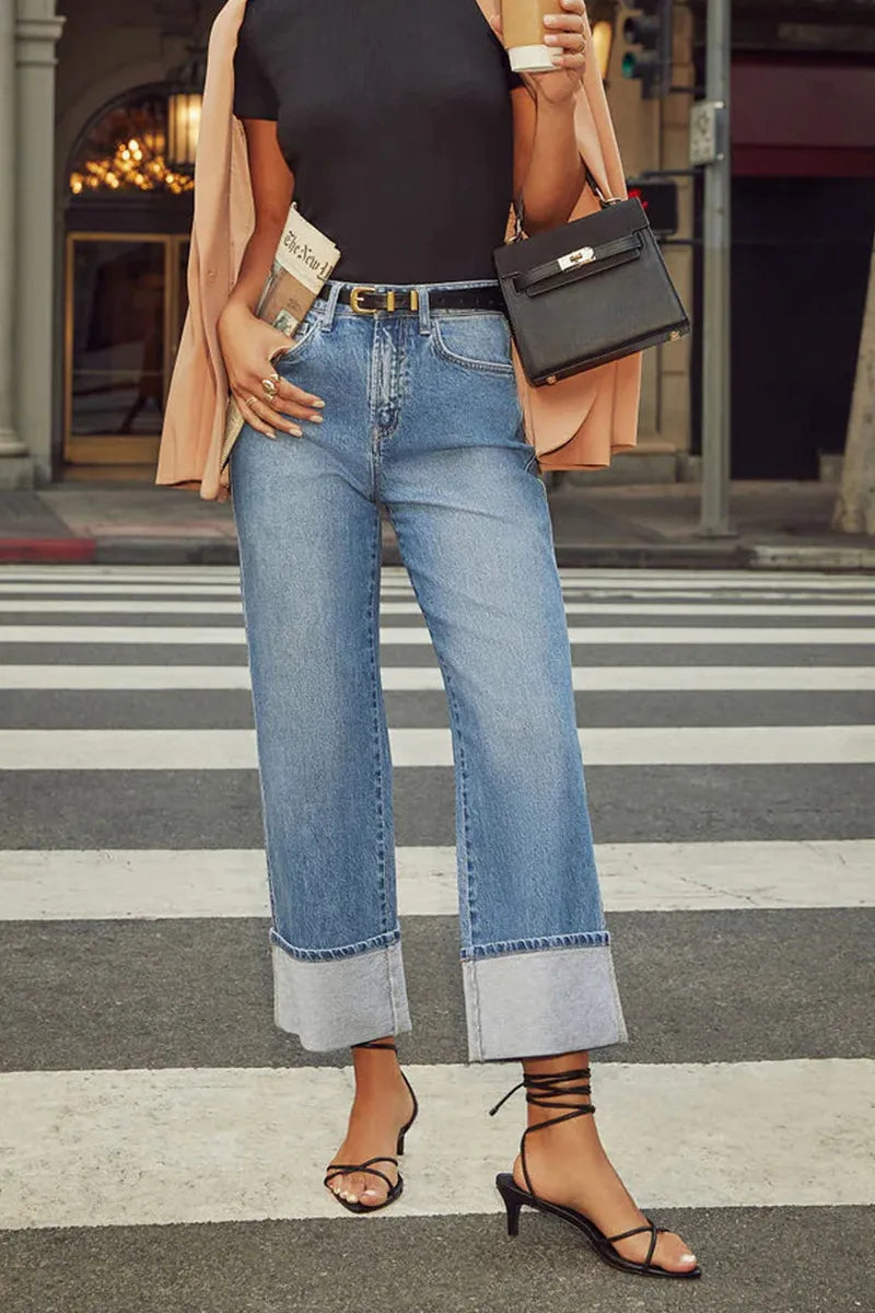Daily Wide-Leg Jeans With Raw Rolled Cuff Hem