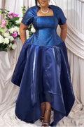 Women Square Neckline Shiny Surface Splicing Elegant Temperament Evening Party Style Dress