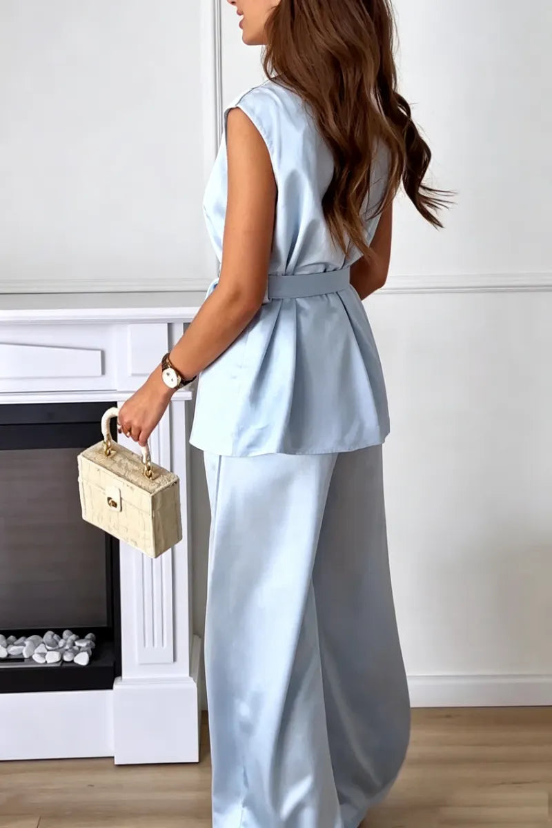 Women's Round Neck Sleeveless Waistband Top+ Pants Satin Casual Suit