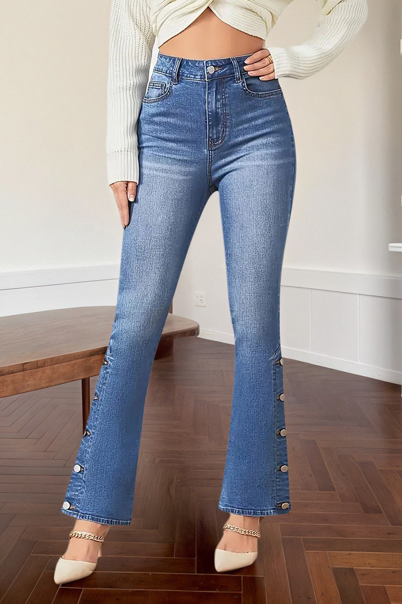 Vintage Women's Slim Fit Side Button Split Hem Jeans