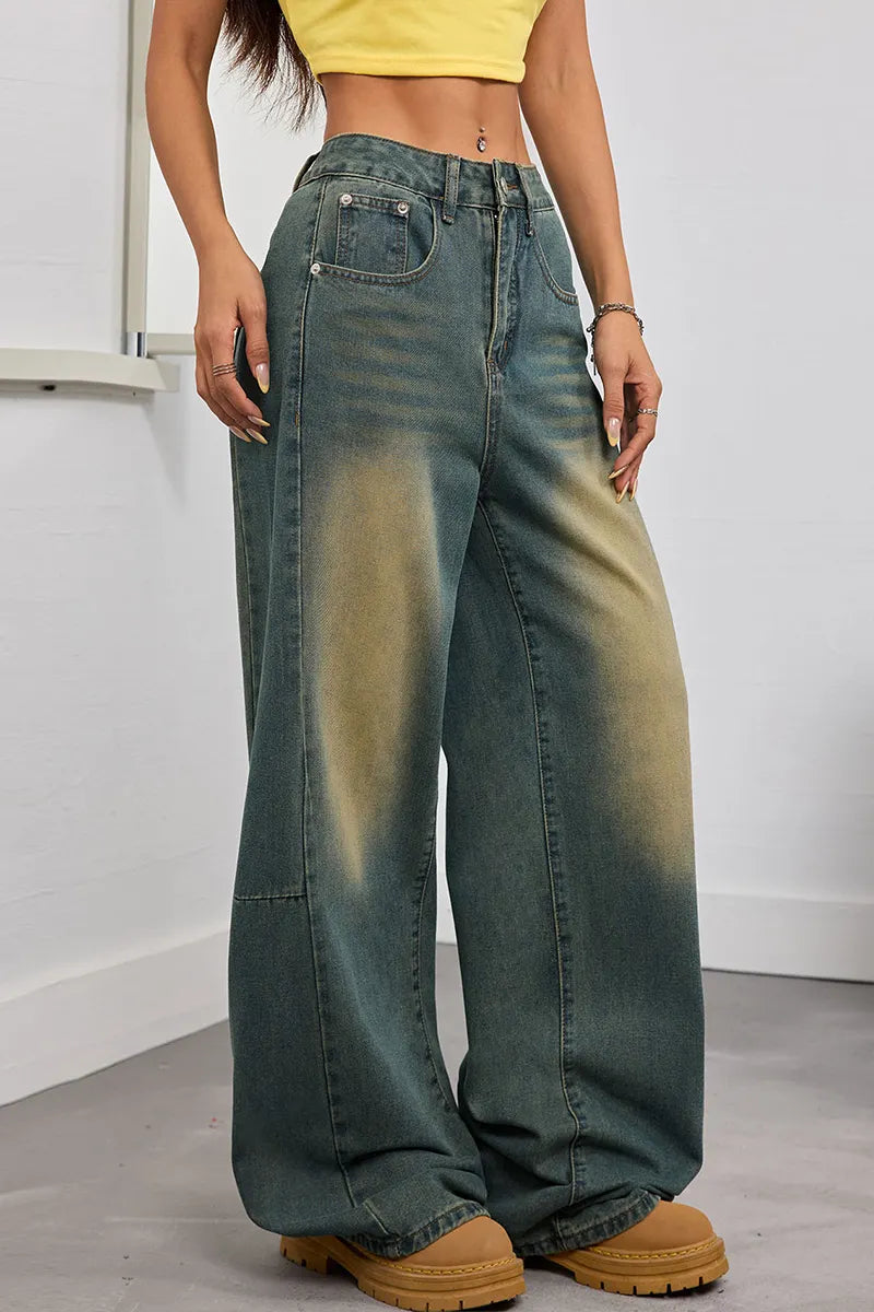 Women's Vintage Washed Loose Fit Jeans With Embroidery