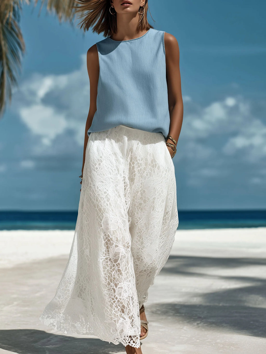 French-Style Resort Blue Denim Sleeveless Top And White Lace Trousers Set