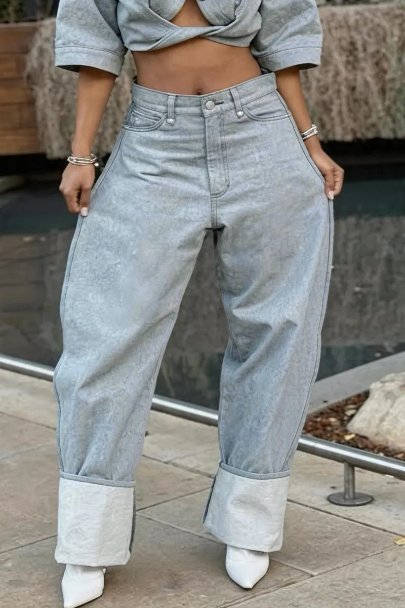 Women's Grey Washed Denim Twist Front Half Sleeve Crop Shirt Or High Waist Cuff Hem Baggy Grey Denim Jeans