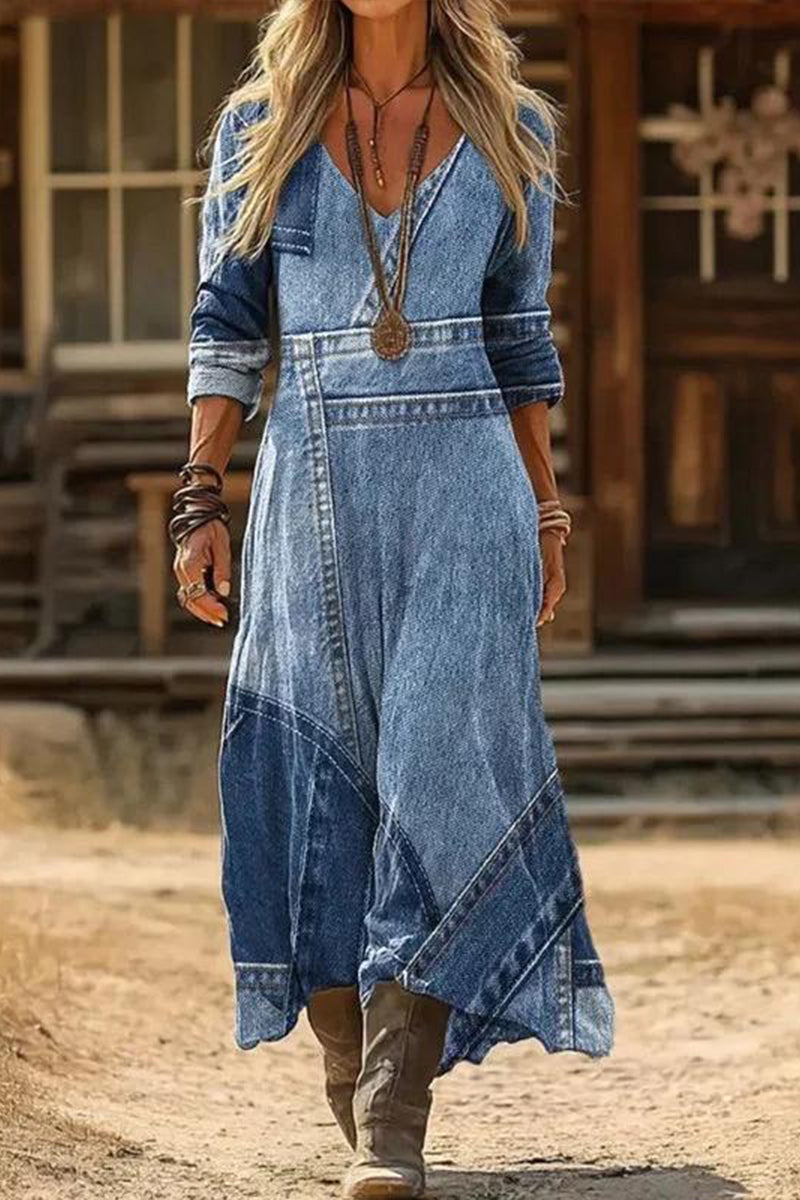 Women's V-neck Faux Denim Print Elegant Casual Dress
