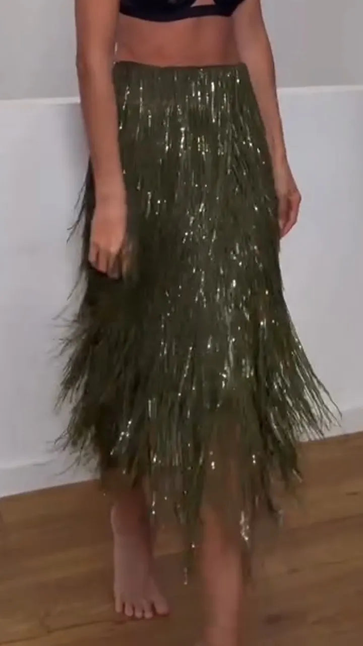 Women Fringed Sequin Dinner Party Sexy Skirt