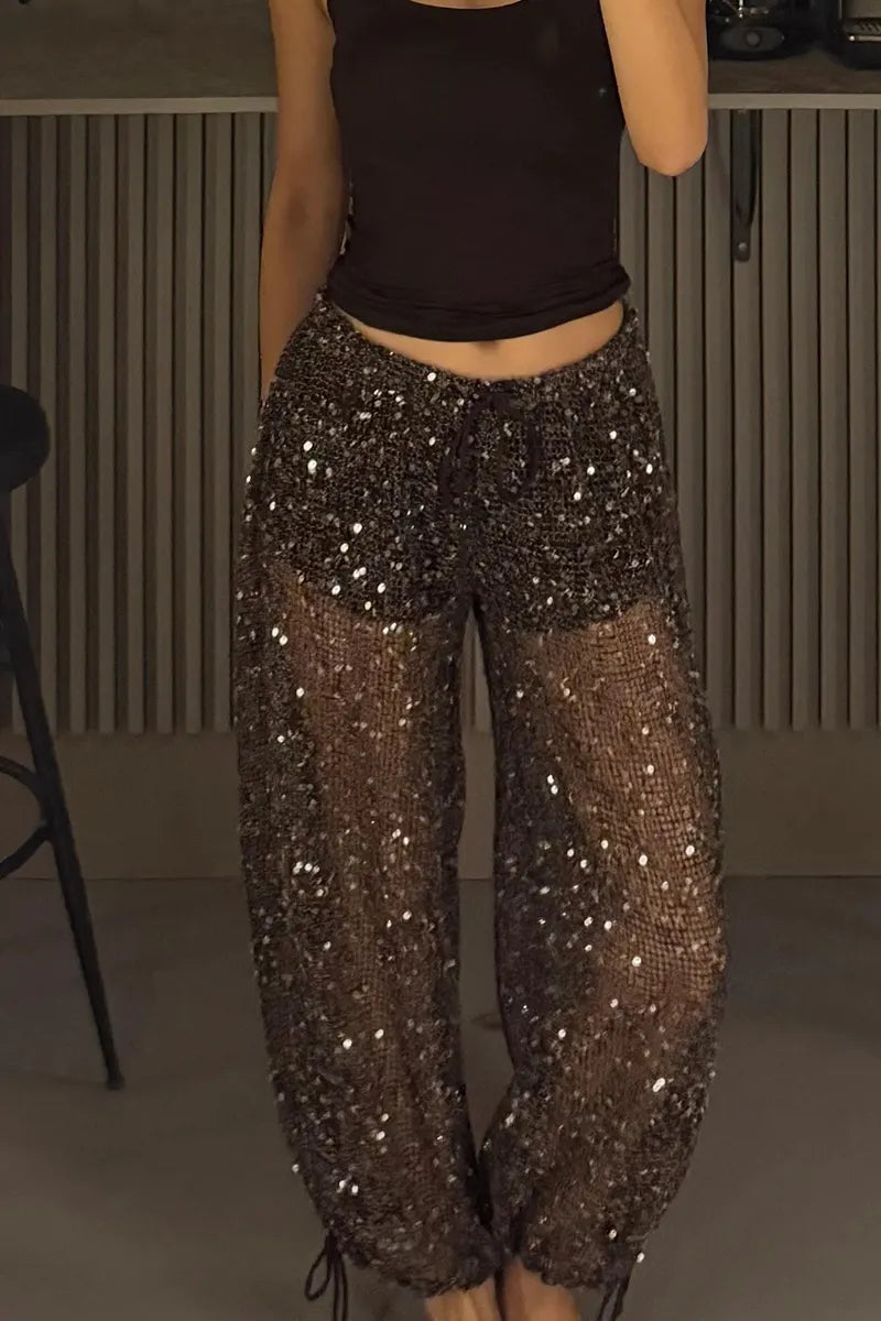 Women's Drawstring Patchwork Sequin See Through Casual Pants