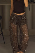 Women's Drawstring Patchwork Sequin See Through Casual Pants