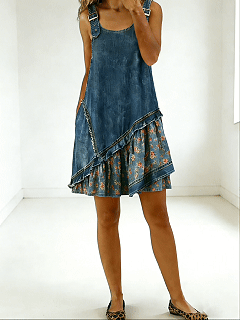 Women's Floral Denim Short Sleeveless Multi-layered Ruffled Strap Dress