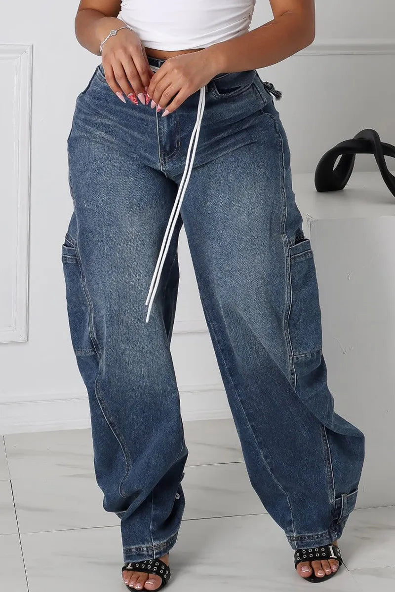 Women's Casual Multi Pocket Wide Leg Jeans With Cuffed Hems