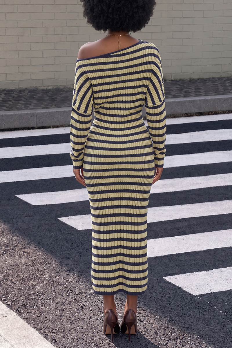 Women's Striped Boat Neck Drop Shoulder Bodycon Maxi Dress Long Sleeve Slim Fit Column Dress