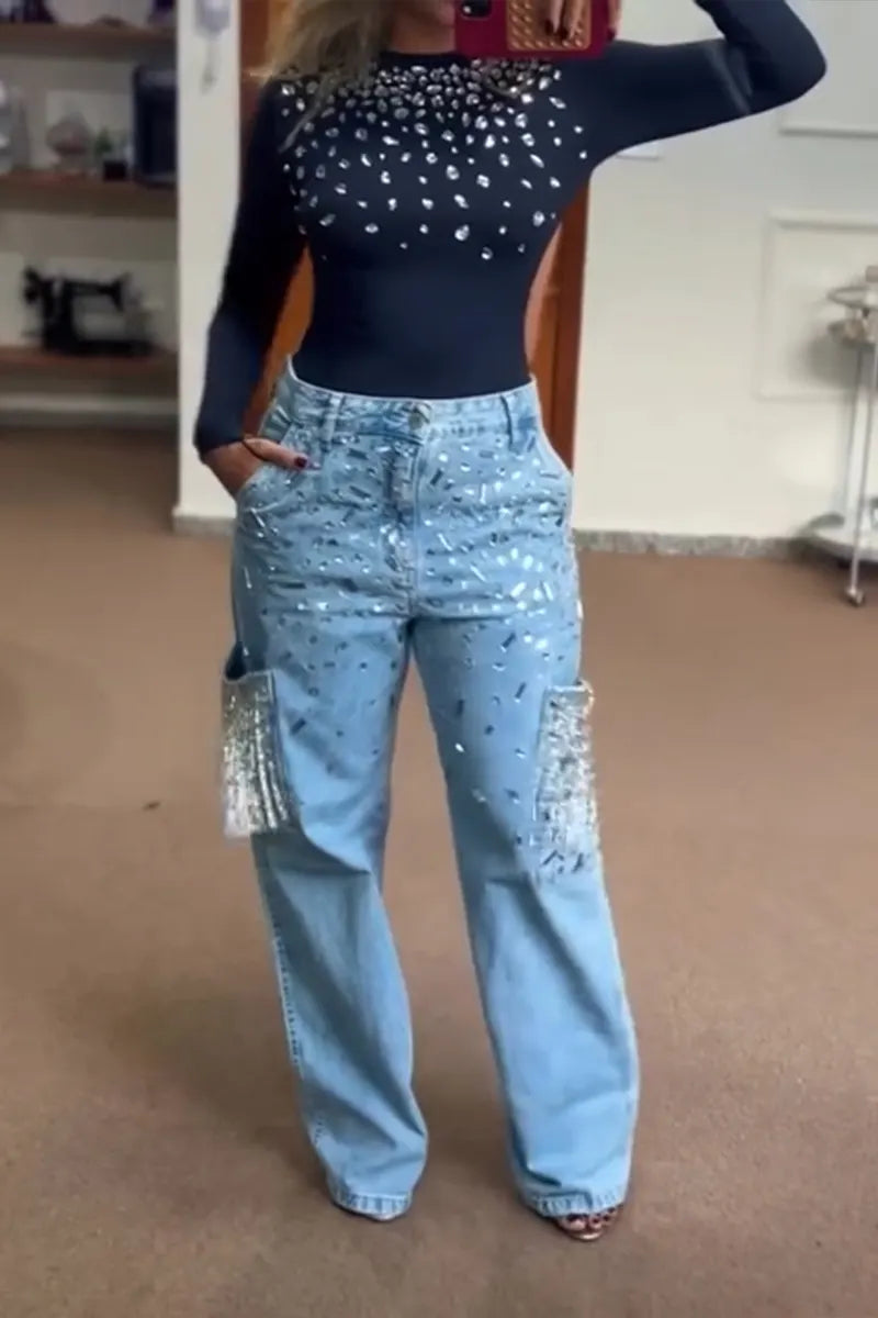 Women's Fashion Open-Back Stretch Rhinestone Top or Fringe Jeans
